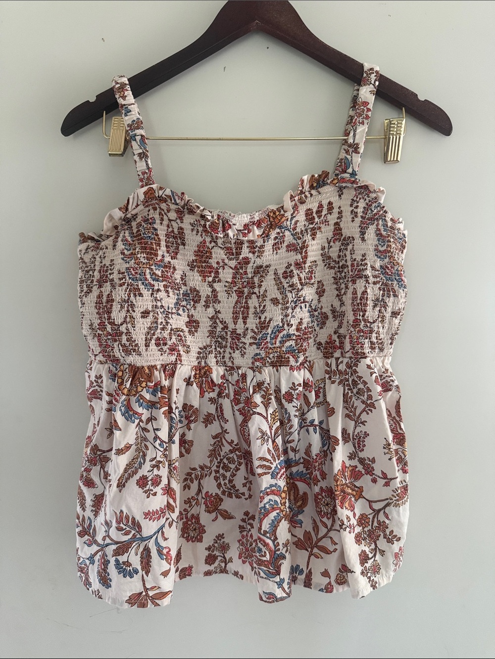 Old Navy Women’s Floral Boho Ruffle Detail Smocked Camisole Tank Top Sz L EUC